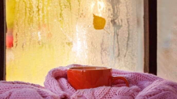Cup of tea or coffee sits on a windowsill with yellow leaves against a rain-streaked window.