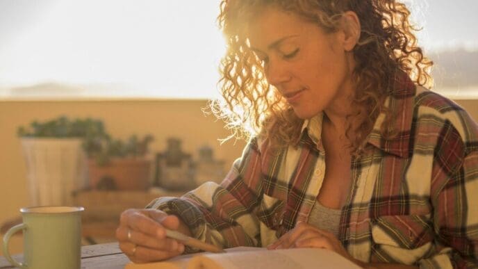 A woman with curly blonde hair reads a book while sitting at a table on a terrace with a sunny sky.