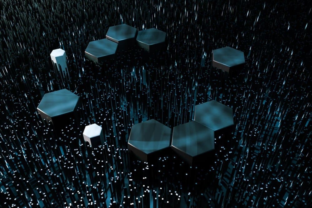 3D rendering of a dark background composed of interconnected hexagonal platforms.