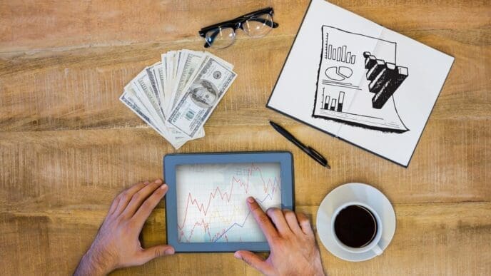 A hand-drawn doodle of data analysis symbols is superimposed over a background of stock market charts.