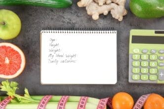 A notebook, calculator, and groceries are arranged on a gray background, suggesting a diet concept.