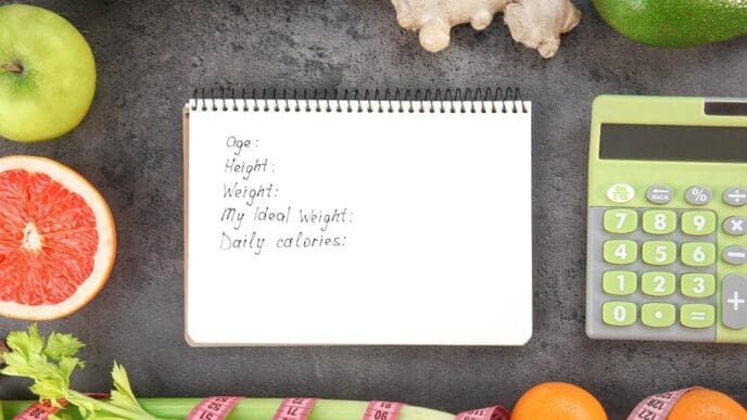 A notebook, calculator, and groceries are arranged on a gray background, suggesting a diet concept.