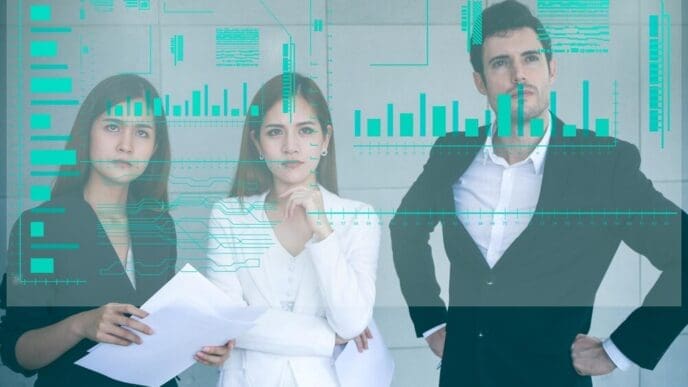 Business colleagues stand together in an office, gesturing toward a projected image on an invisible screen.