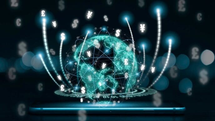 A graphic depicts a network of interconnected lines and nodes representing a digital currency exchange and electronic payment system.