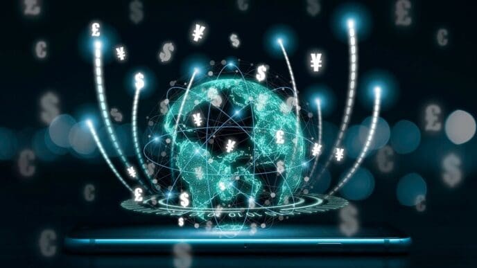 A graphic depicts a network of interconnected lines and nodes representing a digital currency exchange and electronic payment system.