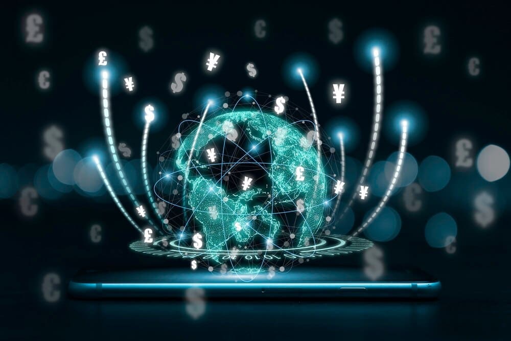 A graphic depicts a network of interconnected lines and nodes representing a digital currency exchange and electronic payment system.