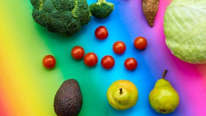 Overhead shot of various fresh vegetables arranged on a colorful background.