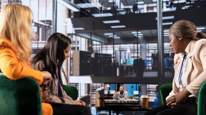 Diverse group of general managers participate in a video call with a main shareholder.