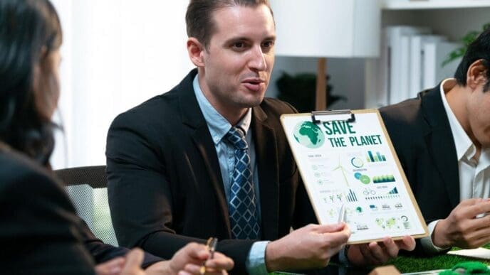 A diverse group of businesspeople collaborates on marketing strategies, emphasizing environmental responsibility and sustainable practices.