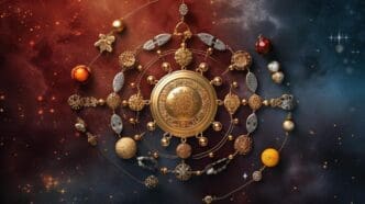 Rakhi with nature-themed elements, possibly leaves or flowers.