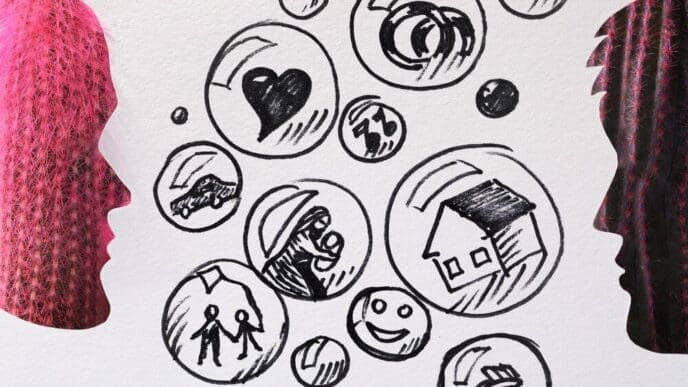Conceptual image of two cactuses viewed through man and woman-shaped cutouts in white paper, with various drawings on the paper.