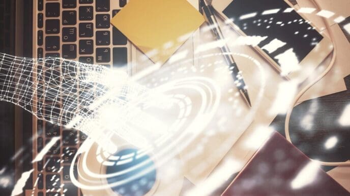 Double exposure image showing a data hologram overlaid on a top-down view of a study desk with a computer.