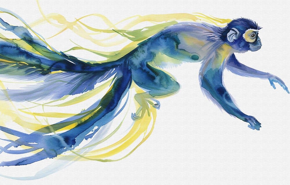 A cartoon monkey with a blue tail is depicted alongside the words "a monkey."