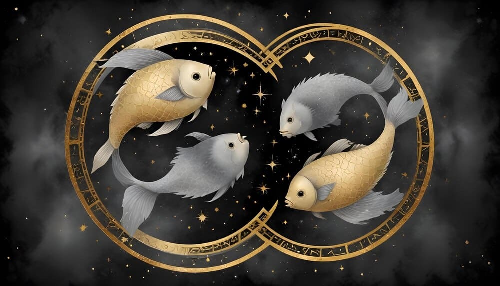 A stylized drawing depicts the Pisces zodiac symbol, consisting of two fish swimming in opposite directions and connected by a curved line.