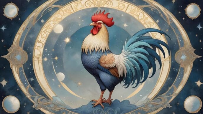 A drawing of a rooster is labeled with the word "rooster."