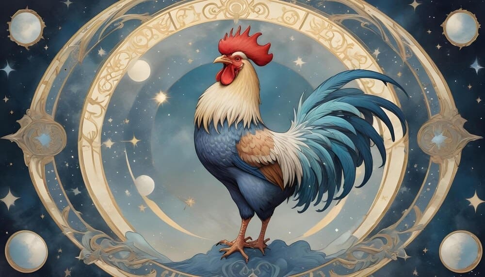 A drawing of a rooster is labeled with the word "rooster."