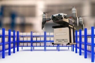 A 3D rendering depicts a drone flying amidst industrial infrastructure, possibly related to logistics or delivery services.