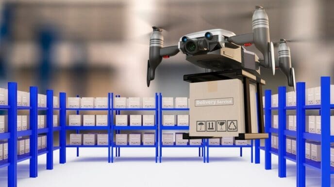 A 3D rendering depicts a drone flying amidst industrial infrastructure, possibly related to logistics or delivery services.