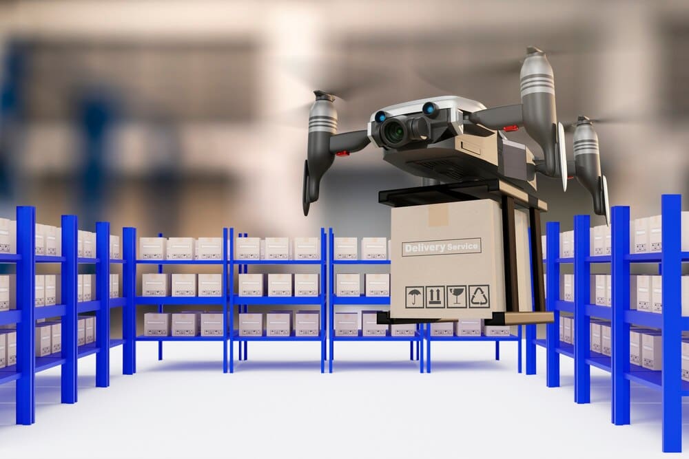 A 3D rendering depicts a drone flying amidst industrial infrastructure, possibly related to logistics or delivery services.