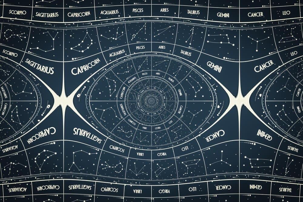 An abstract design features a repeating pattern, creating a visual effect reminiscent of a Droste effect, suitable for themes like astrology and fantasy.