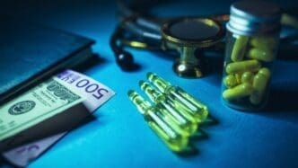 Close-up of pills, ampoules, money, and a stethoscope on a table, possibly representing kickbacks or an audit concept.