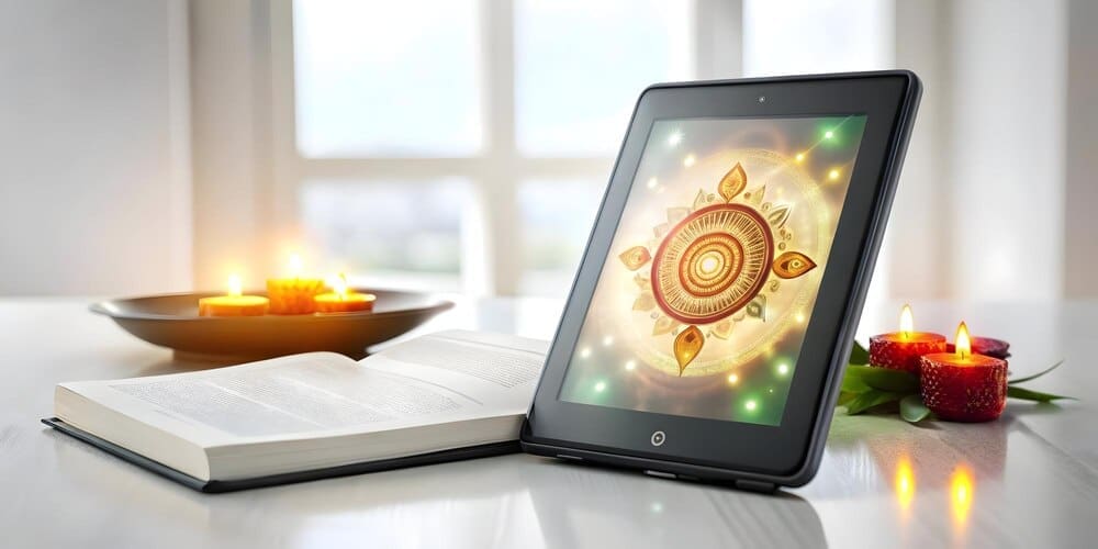 E-book reader displays glowing Bhai Dooj holographic icons, illustrating a digital reading concept.