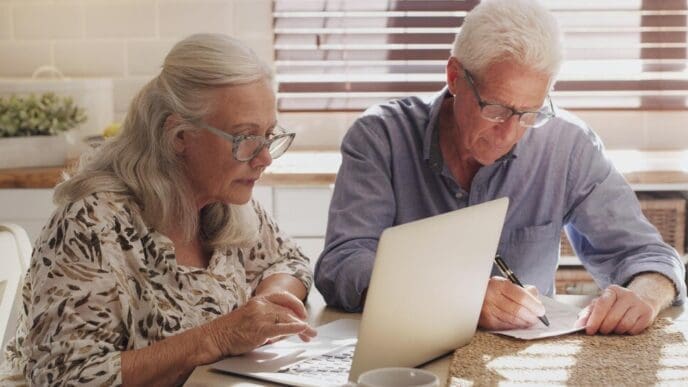 An elderly couple reviews financial documents and uses a laptop in their kitchen, likely for budgeting and online banking.