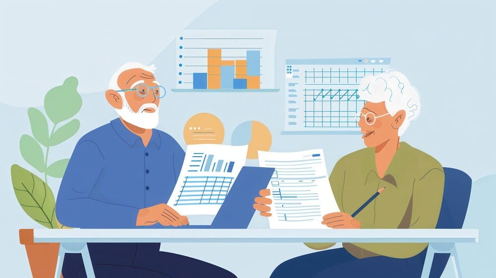 An elderly couple reviews financial documents and charts in a cozy home office, discussing their plans.