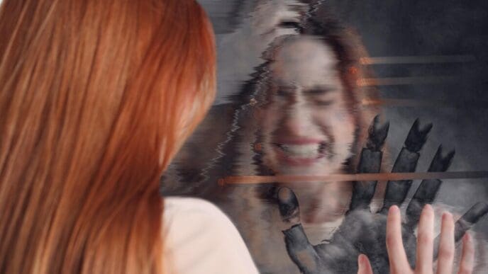 A young woman with a distressed expression touches a shattered mirror, with a glitch effect applied to the background.