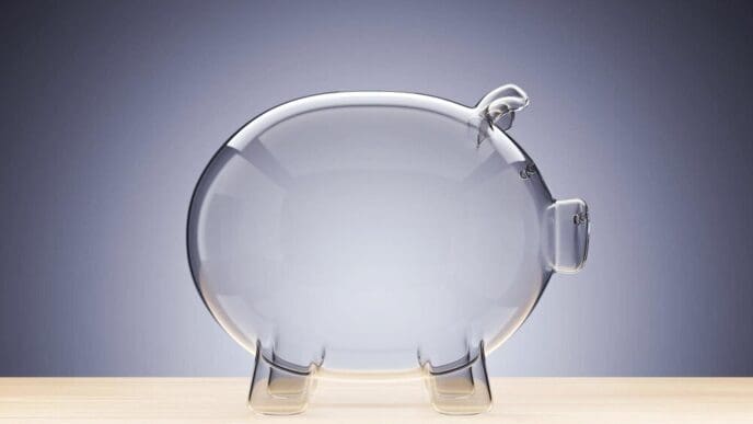 A transparent glass piggy bank is empty, rendered in 3D.