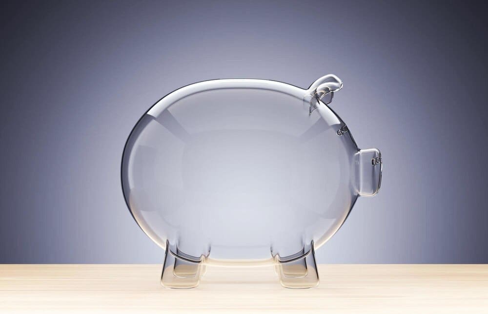A transparent glass piggy bank is empty, rendered in 3D.