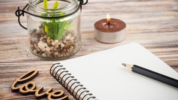 A blank notebook lies open next to a wooden sign that reads "Love."