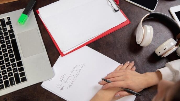 Close-up of a teacher and student's hands interacting during an English lesson in an interior setting.