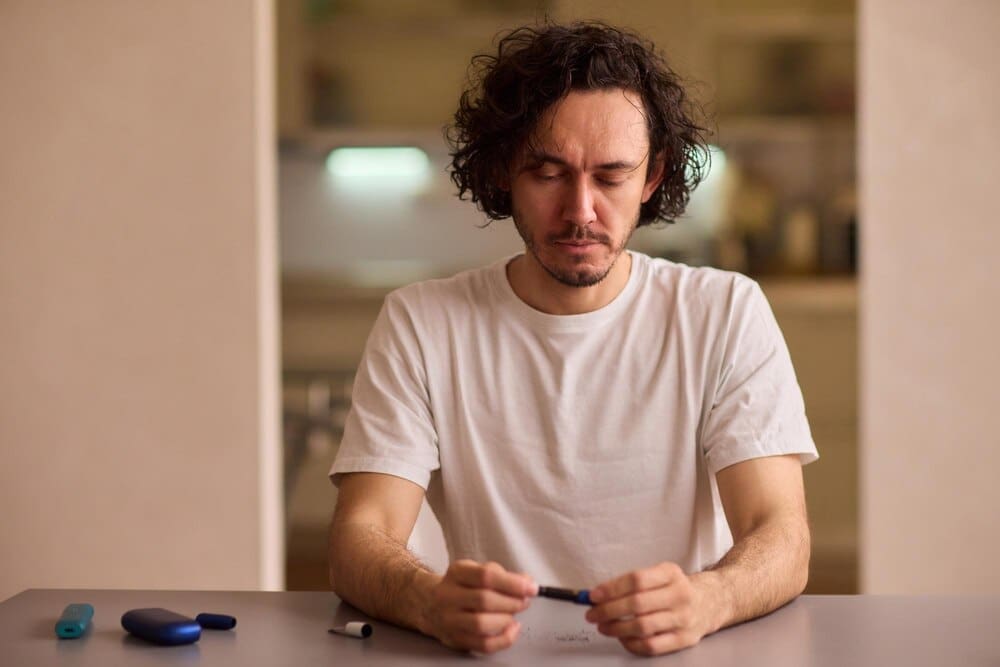 A person prepares a vape device for use by packing it with ground material.