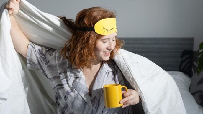 Person wearing a sleep mask and holding a mug, likely enjoying coffee during a morning routine.