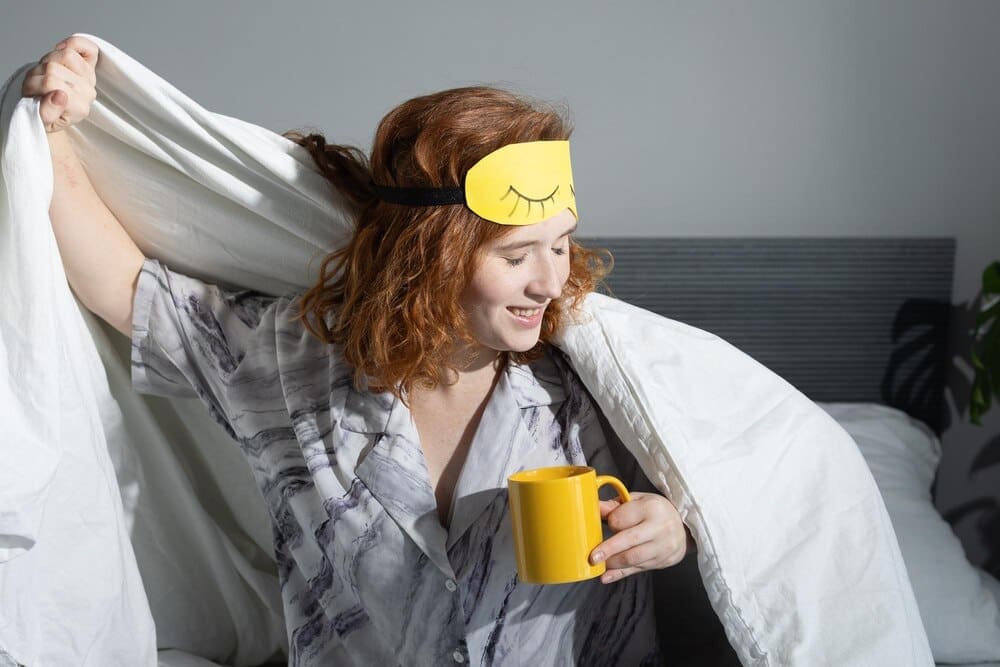 Person wearing a sleep mask and holding a mug, likely enjoying coffee during a morning routine.