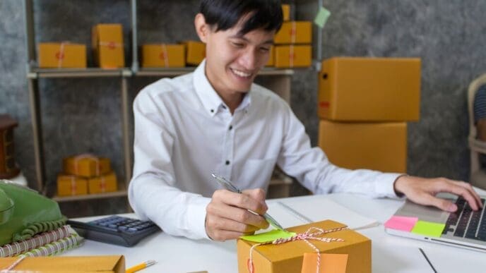Young man taking notes about customer information, likely for shipping and delivery.
