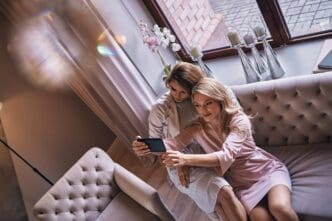 Top-down view of smiling young women in elegant dresses taking a selfie on a sofa.