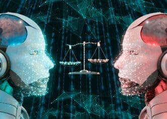 A collage depicts various symbols and images representing ethical concerns related to artificial intelligence, such as bias, privacy, and job displacement.