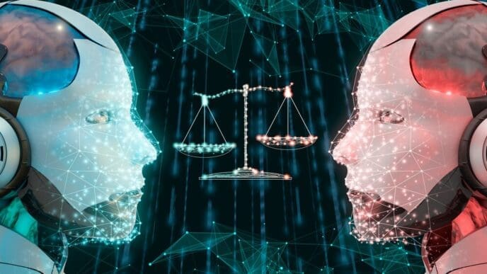 A collage depicts various symbols and images representing ethical concerns related to artificial intelligence, such as bias, privacy, and job displacement.