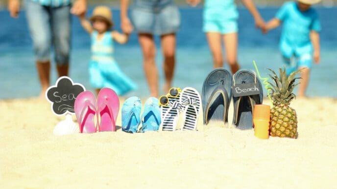 Family slippers arranged on a sandy beach in the summer sun.
