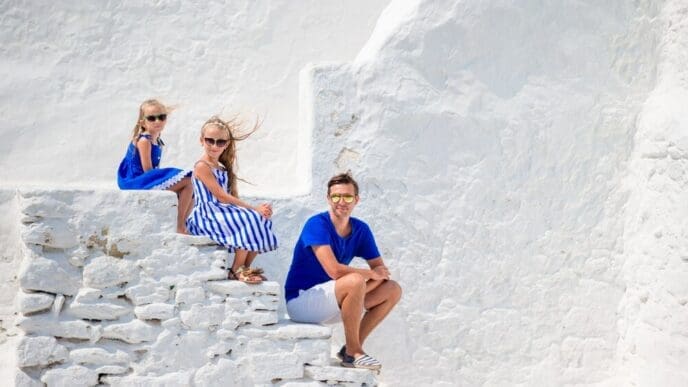 A family of three stands on the stairs of the whitewashed Paraportiani church on Mykonos Island, Greece.
