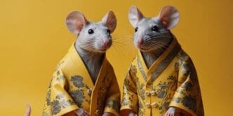 Two rats wearing fashionable clothes pose against a yellow backdrop.