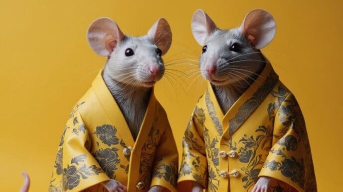 Two rats wearing fashionable clothes pose against a yellow backdrop.