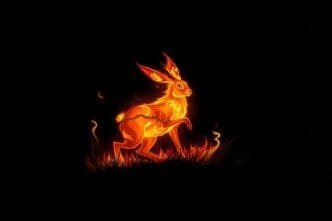 A glowing, fiery hare spirit illuminates the night with a soft light.