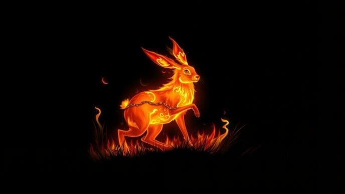 A glowing, fiery hare spirit illuminates the night with a soft light.