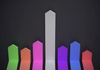 3D rendering of upward-pointing financial arrow charts, representing a winning business strategy.