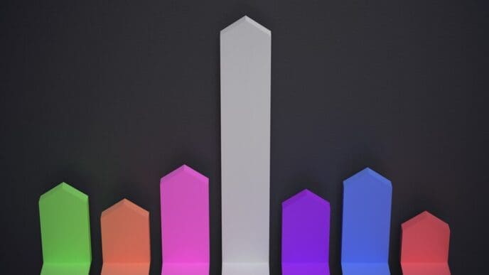 3D rendering of upward-pointing financial arrow charts, representing a winning business strategy.