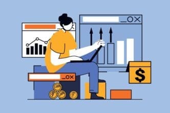 A woman in a flat design illustration calculates a budget and manages her money balance.