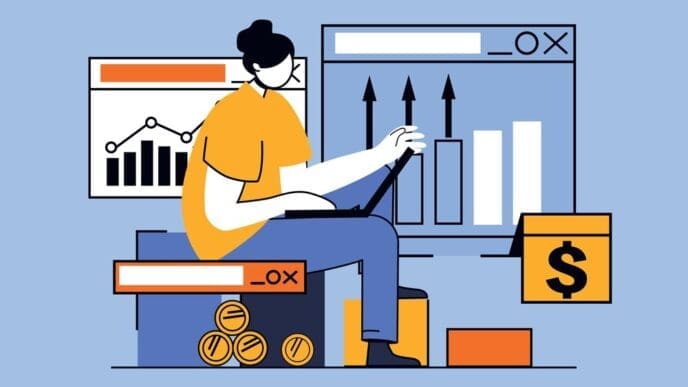 A woman in a flat design illustration calculates a budget and manages her money balance.